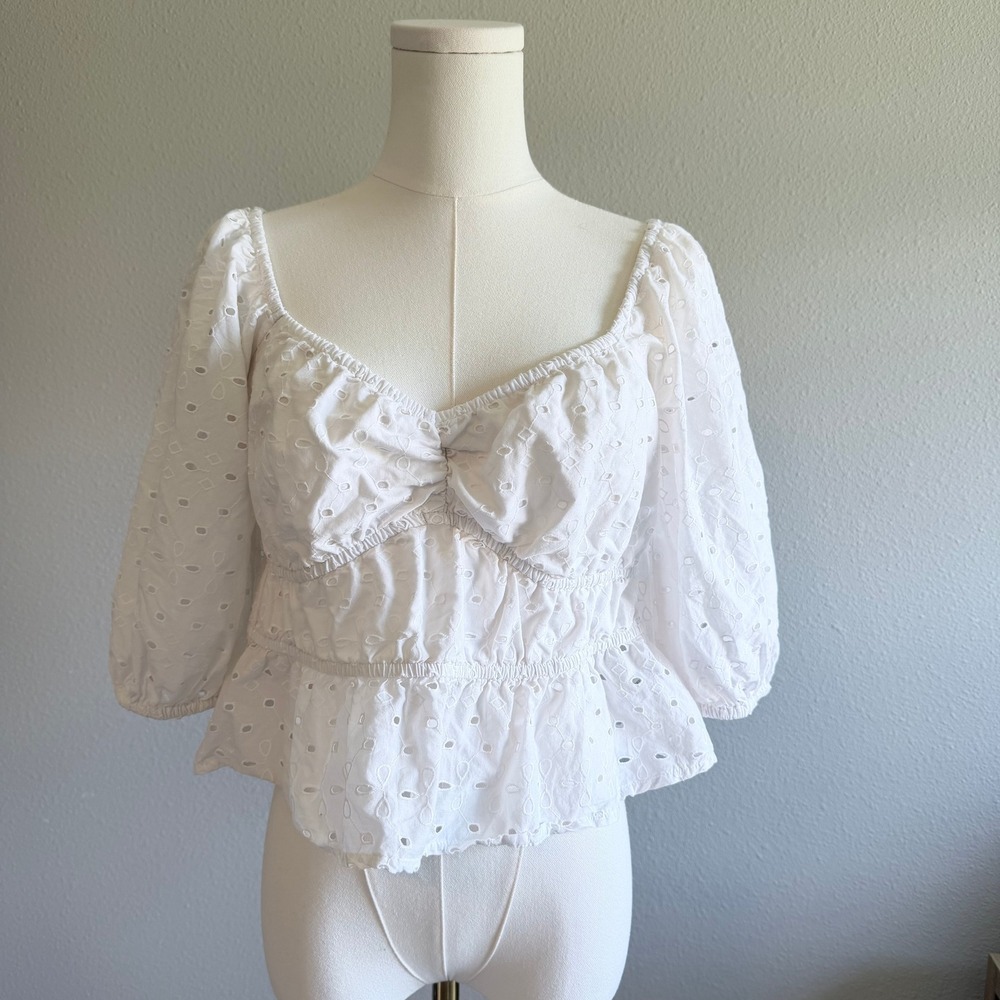 White Eyelet Puff Sleeve Blouse Romantic Cottagecore Peplum Top Womens Size M